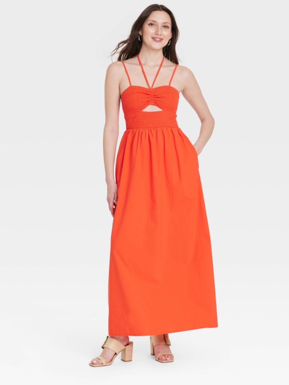 Universal Thread Bright Orange Smocked Cutout Maxi Dress